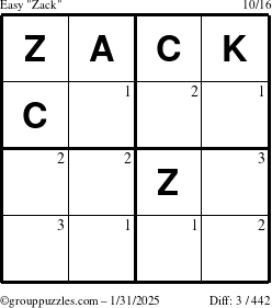 The grouppuzzles.com Easy Zack puzzle for Friday January 31, 2025 with the first 3 steps marked