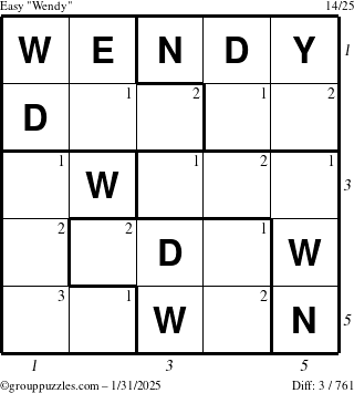 The grouppuzzles.com Easy Wendy puzzle for Friday January 31, 2025 with all 3 steps marked