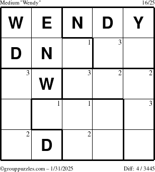 The grouppuzzles.com Medium Wendy puzzle for Friday January 31, 2025 with the first 3 steps marked