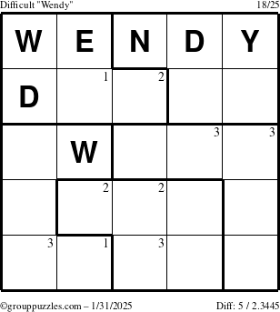 The grouppuzzles.com Difficult Wendy puzzle for Friday January 31, 2025 with the first 3 steps marked