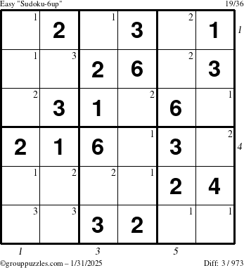 The grouppuzzles.com Easy Sudoku-6up puzzle for Friday January 31, 2025 with all 3 steps marked