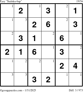 The grouppuzzles.com Easy Sudoku-6up puzzle for Friday January 31, 2025 with the first 3 steps marked