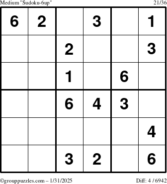 The grouppuzzles.com Medium Sudoku-6up puzzle for Friday January 31, 2025