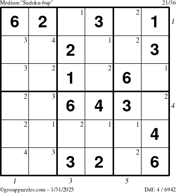 The grouppuzzles.com Medium Sudoku-6up puzzle for Friday January 31, 2025 with all 4 steps marked