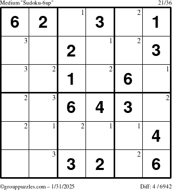 The grouppuzzles.com Medium Sudoku-6up puzzle for Friday January 31, 2025 with the first 3 steps marked