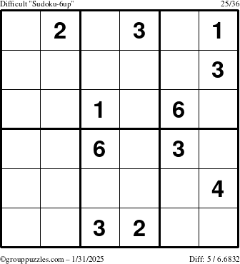 The grouppuzzles.com Difficult Sudoku-6up puzzle for Friday January 31, 2025