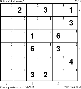 The grouppuzzles.com Difficult Sudoku-6up puzzle for Friday January 31, 2025 with all 5 steps marked