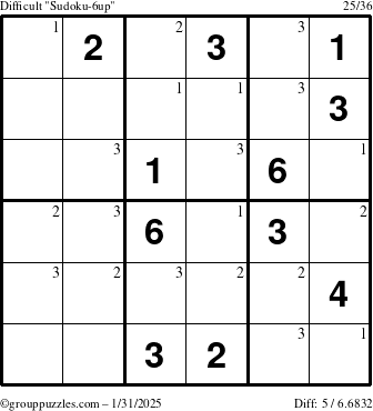 The grouppuzzles.com Difficult Sudoku-6up puzzle for Friday January 31, 2025 with the first 3 steps marked