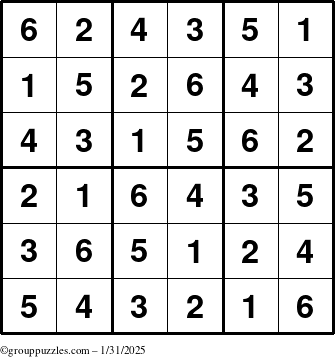 The grouppuzzles.com Answer grid for the Sudoku-6up puzzle for Friday January 31, 2025