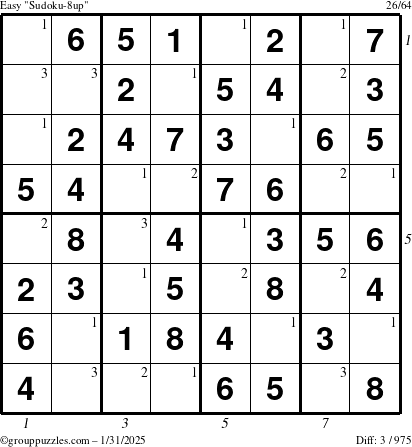 The grouppuzzles.com Easy Sudoku-8up puzzle for Friday January 31, 2025 with all 3 steps marked