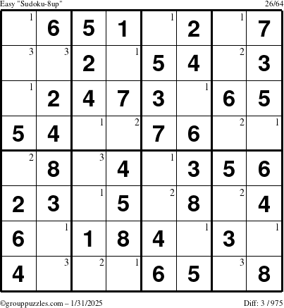 The grouppuzzles.com Easy Sudoku-8up puzzle for Friday January 31, 2025 with the first 3 steps marked