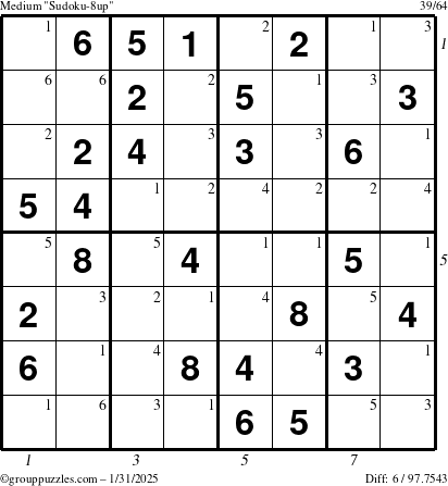 The grouppuzzles.com Medium Sudoku-8up puzzle for Friday January 31, 2025 with all 6 steps marked