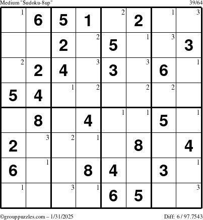 The grouppuzzles.com Medium Sudoku-8up puzzle for Friday January 31, 2025 with the first 3 steps marked