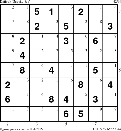 The grouppuzzles.com Difficult Sudoku-8up puzzle for Friday January 31, 2025 with all 9 steps marked