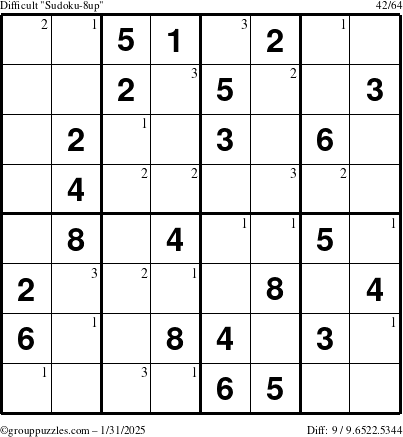 The grouppuzzles.com Difficult Sudoku-8up puzzle for Friday January 31, 2025 with the first 3 steps marked