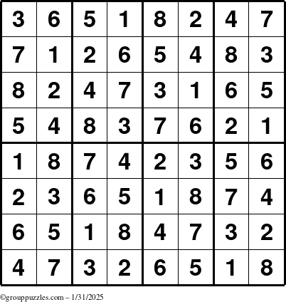 The grouppuzzles.com Answer grid for the Sudoku-8up puzzle for Friday January 31, 2025