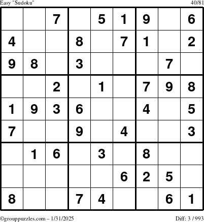 The grouppuzzles.com Easy Sudoku puzzle for Friday January 31, 2025