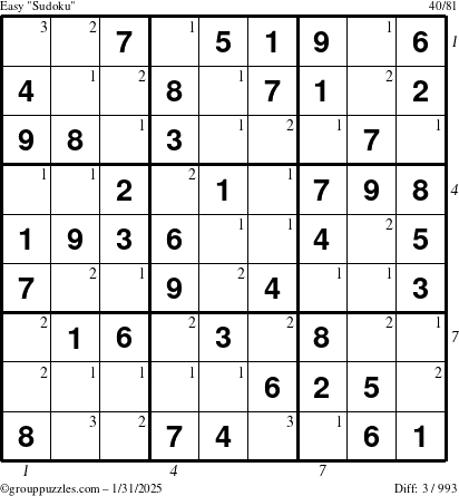 The grouppuzzles.com Easy Sudoku puzzle for Friday January 31, 2025 with all 3 steps marked