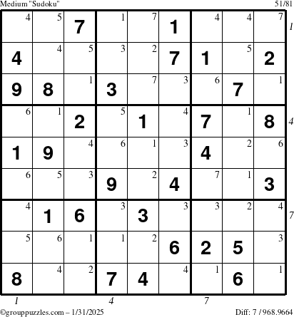 The grouppuzzles.com Medium Sudoku puzzle for Friday January 31, 2025 with all 7 steps marked