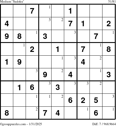 The grouppuzzles.com Medium Sudoku puzzle for Friday January 31, 2025 with the first 3 steps marked