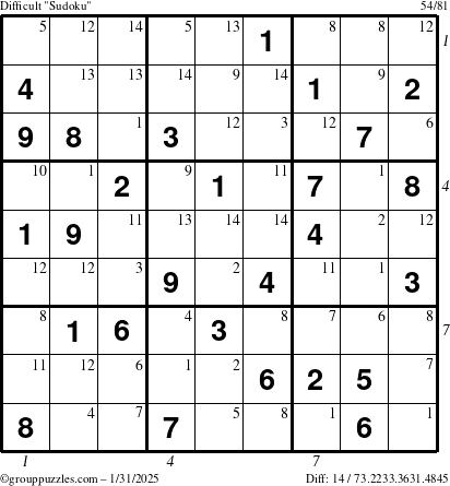 The grouppuzzles.com Difficult Sudoku puzzle for Friday January 31, 2025 with all 14 steps marked