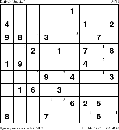 The grouppuzzles.com Difficult Sudoku puzzle for Friday January 31, 2025 with the first 3 steps marked