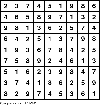 The grouppuzzles.com Answer grid for the Sudoku puzzle for Friday January 31, 2025