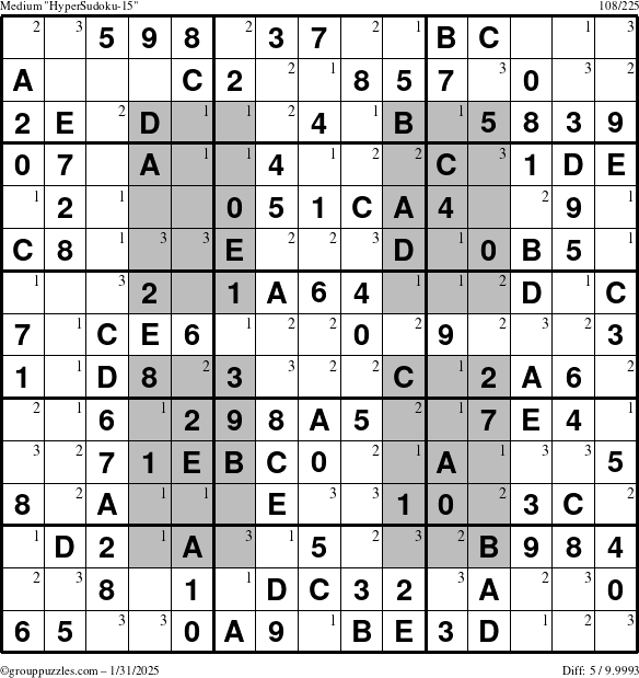 The grouppuzzles.com Medium HyperSudoku-15 puzzle for Friday January 31, 2025 with the first 3 steps marked