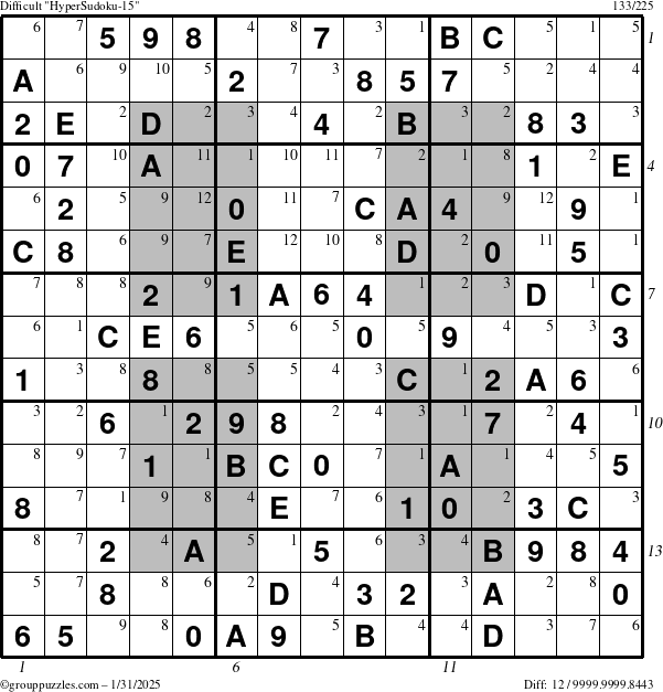 The grouppuzzles.com Difficult HyperSudoku-15 puzzle for Friday January 31, 2025, suitable for printing, with all 12 steps marked