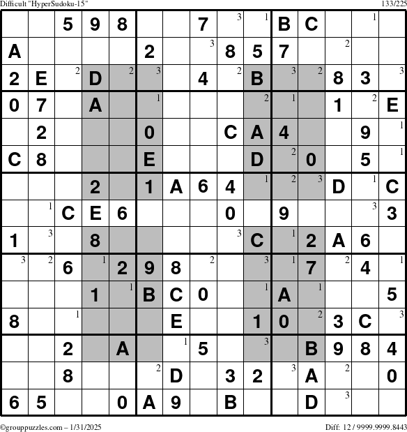 The grouppuzzles.com Difficult HyperSudoku-15 puzzle for Friday January 31, 2025 with the first 3 steps marked