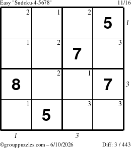 The grouppuzzles.com Easy Sudoku-4-5678 puzzle for Wednesday June 10, 2026, suitable for printing, with all 3 steps marked