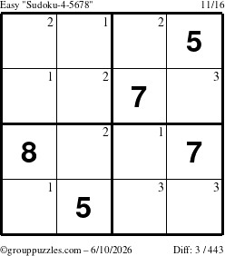The grouppuzzles.com Easy Sudoku-4-5678 puzzle for Wednesday June 10, 2026 with the first 3 steps marked