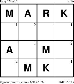 The grouppuzzles.com Easy Mark puzzle for Wednesday June 10, 2026 with the first 2 steps marked