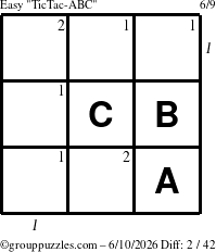 The grouppuzzles.com Easy TicTac-ABC puzzle for Wednesday June 10, 2026 with all 2 steps marked