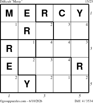 The grouppuzzles.com Difficult Mercy puzzle for Wednesday June 10, 2026, suitable for printing, with all 4 steps marked
