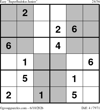 The grouppuzzles.com Easy SuperSudoku-Junior puzzle for Wednesday June 10, 2026