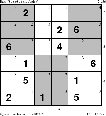 The grouppuzzles.com Easy SuperSudoku-Junior puzzle for Wednesday June 10, 2026, suitable for printing, with all 4 steps marked