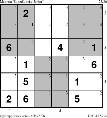 The grouppuzzles.com Medium SuperSudoku-Junior puzzle for Wednesday June 10, 2026, suitable for printing, with all 4 steps marked