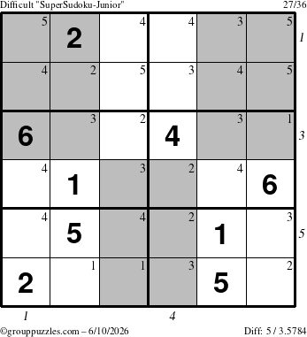 The grouppuzzles.com Difficult SuperSudoku-Junior puzzle for Wednesday June 10, 2026 with all 5 steps marked