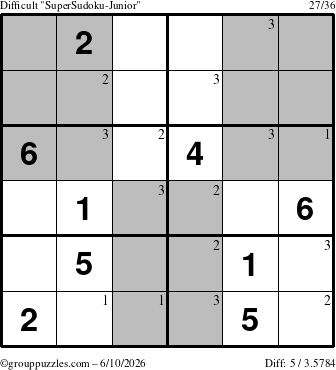 The grouppuzzles.com Difficult SuperSudoku-Junior puzzle for Wednesday June 10, 2026 with the first 3 steps marked