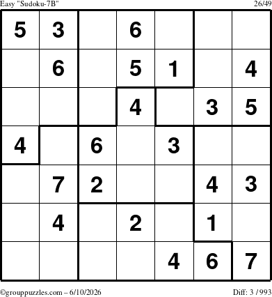 The grouppuzzles.com Easy Sudoku-7B puzzle for Wednesday June 10, 2026