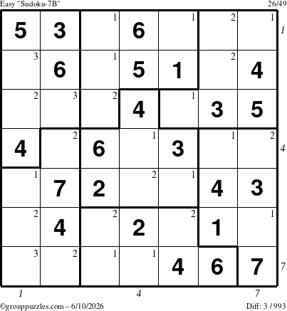 The grouppuzzles.com Easy Sudoku-7B puzzle for Wednesday June 10, 2026, suitable for printing, with all 3 steps marked