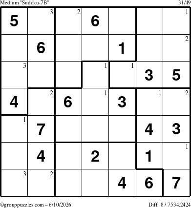 The grouppuzzles.com Medium Sudoku-7B puzzle for Wednesday June 10, 2026 with the first 3 steps marked