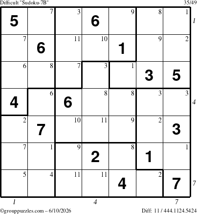 The grouppuzzles.com Difficult Sudoku-7B puzzle for Wednesday June 10, 2026, suitable for printing, with all 11 steps marked