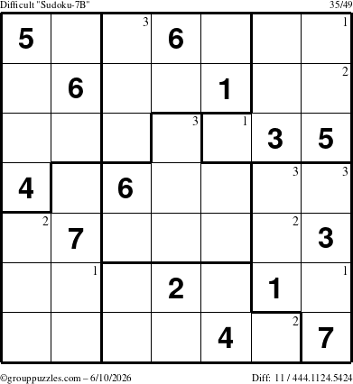The grouppuzzles.com Difficult Sudoku-7B puzzle for Wednesday June 10, 2026 with the first 3 steps marked