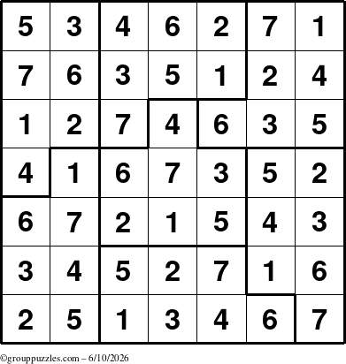 The grouppuzzles.com Answer grid for the Sudoku-7B puzzle for Wednesday June 10, 2026