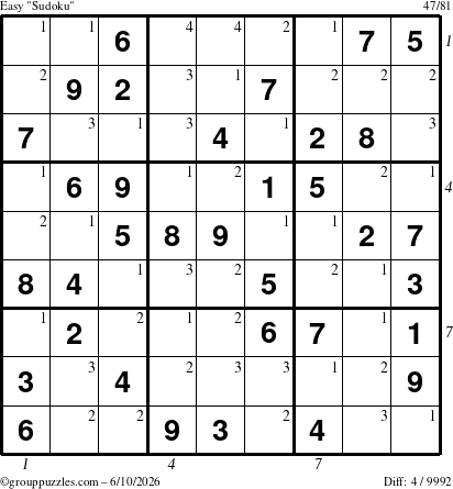 The grouppuzzles.com Easy Sudoku puzzle for Wednesday June 10, 2026, suitable for printing, with all 4 steps marked