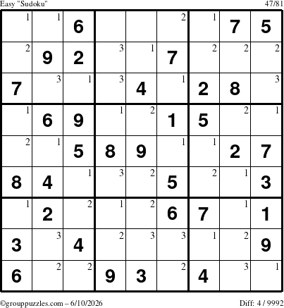 The grouppuzzles.com Easy Sudoku puzzle for Wednesday June 10, 2026 with the first 3 steps marked