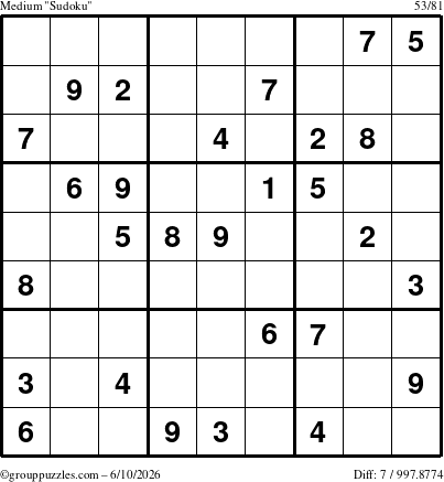 The grouppuzzles.com Medium Sudoku puzzle for Wednesday June 10, 2026