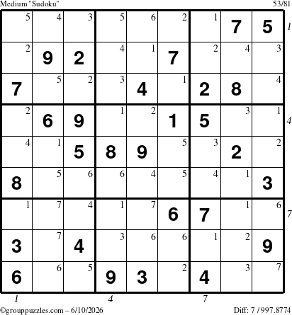 The grouppuzzles.com Medium Sudoku puzzle for Wednesday June 10, 2026, suitable for printing, with all 7 steps marked